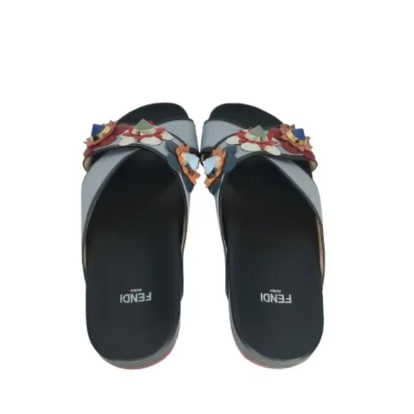 Fendi Flowerland Leather Crisscross Slides Sandals