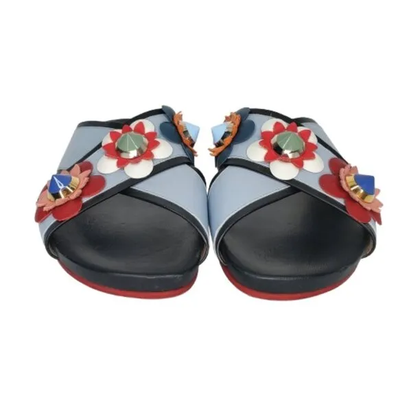 Fendi Flowerland Leather Crisscross Slides Sandals