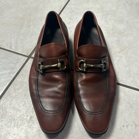 Ferragamo Mens Brown Leather Horsebit Buckle‎ Loafers