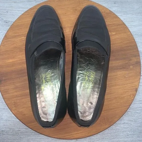 Ferragamo Men's Size 6 D Black Patent Leather Strapped/Canvas Toe Loafers Italy