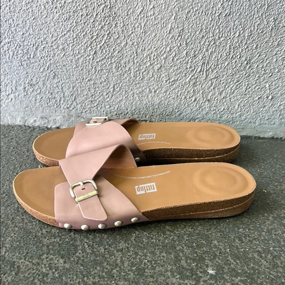Fitflop Iqushion Leather Adjustable Buckle Slides Size 9 Beach Resortwear