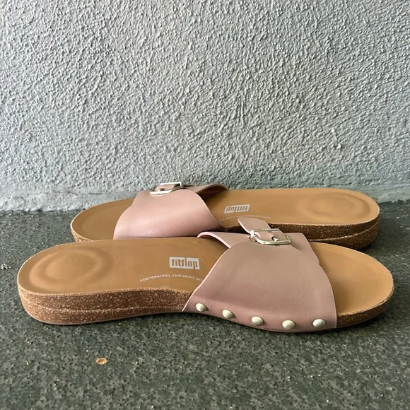Fitflop Iqushion Leather Adjustable Buckle Slides Size 9 Beach Resortwear