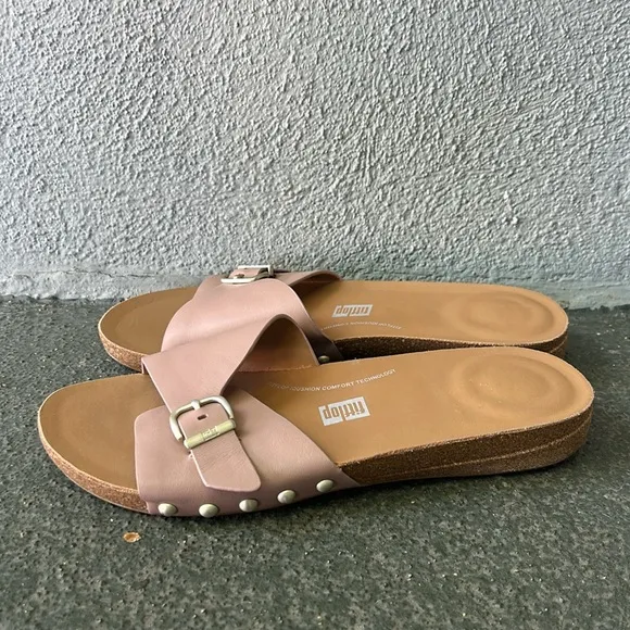 Fitflop Iqushion Leather Adjustable Buckle Slides Size 9 Beach Resortwear