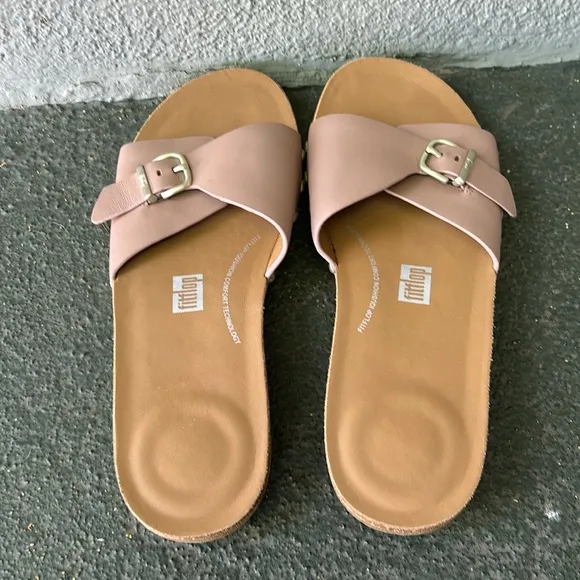 Fitflop Iqushion Leather Adjustable Buckle Slides Size 9 Beach Resortwear