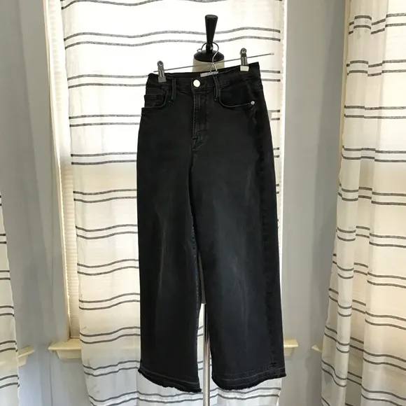 FRAME Women Size 25 Black Ali Wide Leg Cropped Denim Jeans Raw Hem Casual Boho