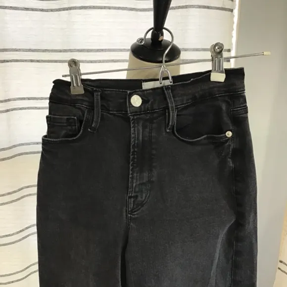 FRAME Women Size 25 Black Ali Wide Leg Cropped Denim Jeans Raw Hem Casual Boho