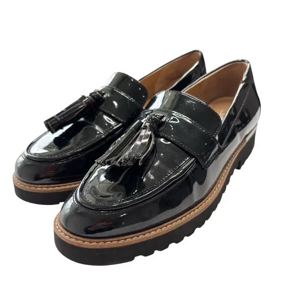 Franco Sarto Black Loafers Patent Leather Tassel Platform Chunky Shoe Size 6.5