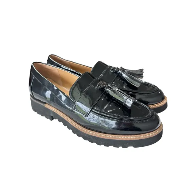 Franco Sarto Black Loafers Patent Leather Tassel Platform Chunky Shoe Size 6.5