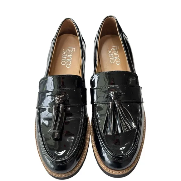 Franco Sarto Black Loafers Patent Leather Tassel Platform Chunky Shoe Size 6.5