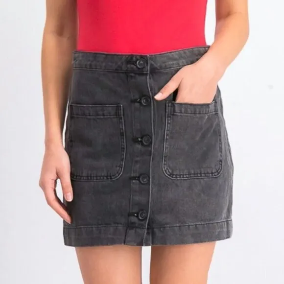 Free People Don't Get Me Wrong Black Denim Button Front A-line Mini Skirt Sz. 27