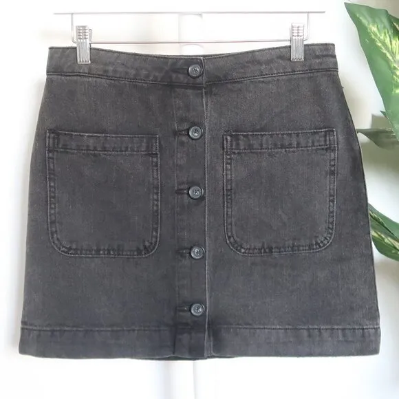 Free People Don't Get Me Wrong Black Denim Button Front A-line Mini Skirt Sz. 27