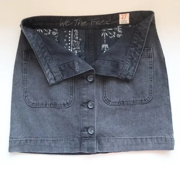 Free People Don't Get Me Wrong Black Denim Button Front A-line Mini Skirt Sz. 27
