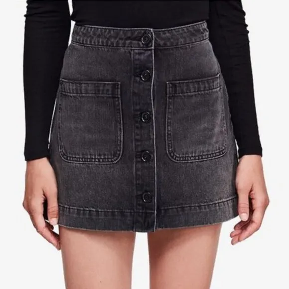 Free People Don't Get Me Wrong Black Denim Button Front A-line Mini Skirt Sz. 27