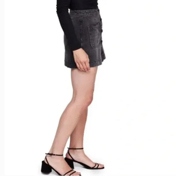 Free People Don't Get Me Wrong Black Denim Button Front A-line Mini Skirt Sz. 27