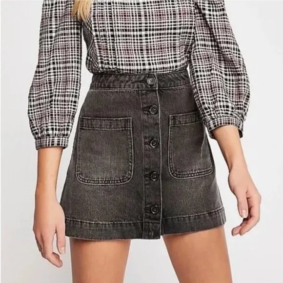 Free People Don't Get Me Wrong Black Denim Button Front A-line Mini Skirt Sz. 27