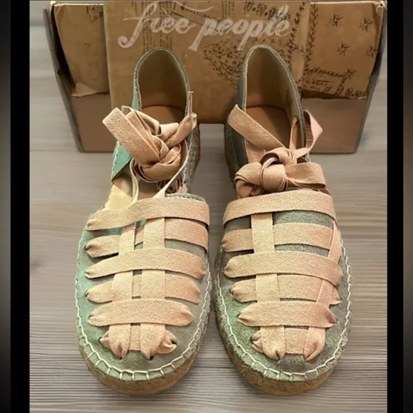 Free People Heat Wave Wrap Espadrilles-Peach Combo Wrap-Style Straps Leather 7.5