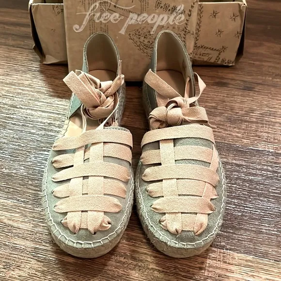 Free People Heat Wave Wrap Espadrilles-Peach Combo Wrap-Style Straps Leather 7.5