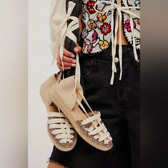 Free People Heat Wave Wrap Espadrilles/Ivory Glitter Combo