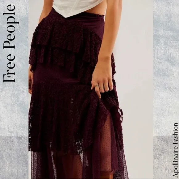 FREE PEOPLE LACE IN LOVE MAXI SKIRT IN VINTAGE WINE NWT SMALL, MEDIUM &amp; LARGE