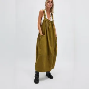 Free People Machu Barrel Midi Maxi Dress Patch Pocket Olive Square Neck Small