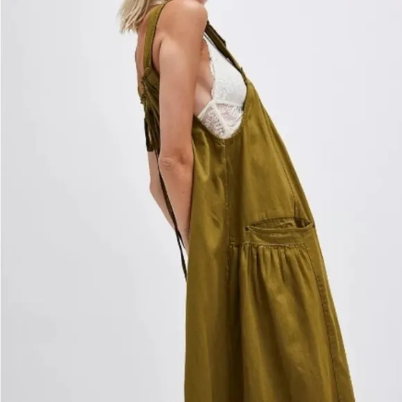 Free People Machu Barrel Midi Maxi Dress Patch Pocket Olive Square Neck Small
