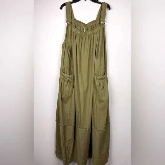 Free People Machu Barrel Midi Maxi Dress Patch Pocket Olive Square Neck Small