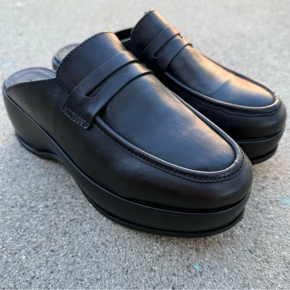 Free People Winston Platform Loafers Slides Mules Black Leather Wedge size 7/37