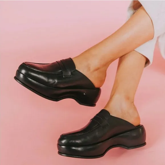 FREE PEOPLE Winston Platform slip on Loafers Black leather 38.5
