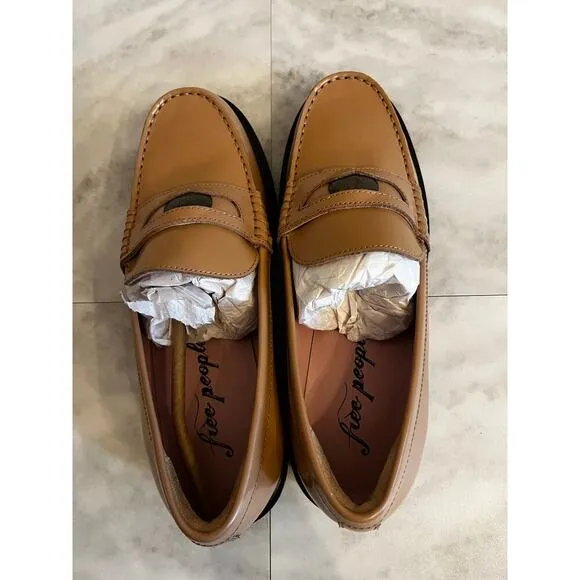 Free People Women’s Liv Penny Loafers Slip On Camel Size 8 Leather Upper NIB