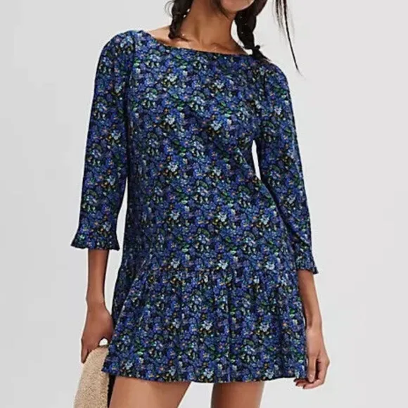 Free People XSmall Dress The Avenue Mini Dress Navy Combo drop waist lined