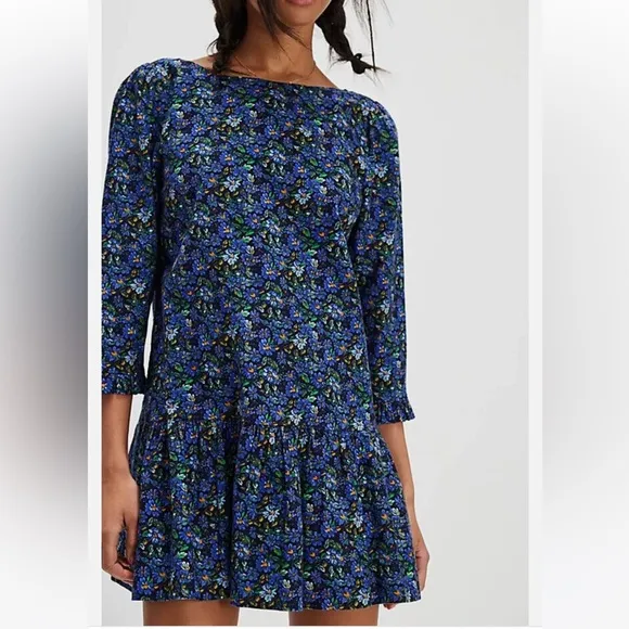 Free People XSmall Dress The Avenue Mini Dress Navy Combo drop waist lined