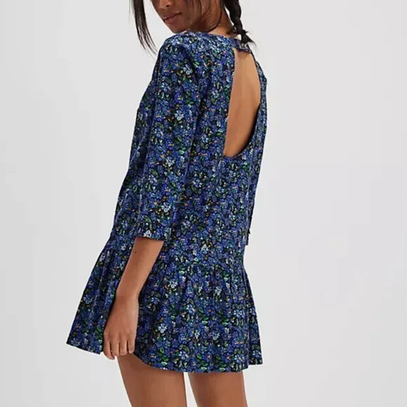 Free People XSmall Dress The Avenue Mini Dress Navy Combo drop waist lined