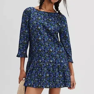 Free People XSmall Dress The Avenue Mini Dress Navy Combo drop waist lined