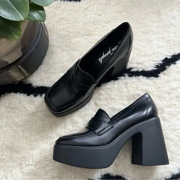 Free People Zoe Black Leather Chunky Platform Loafers