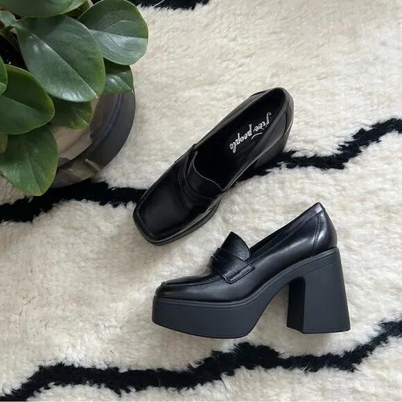 Free People Zoe Black Leather Chunky Platform Loafers
