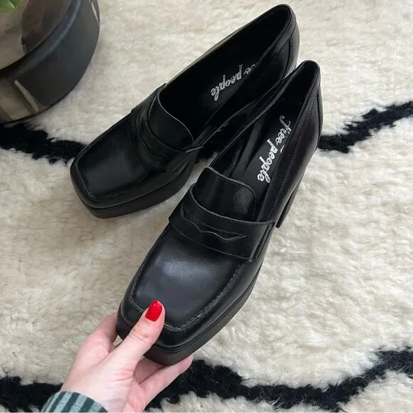 Free People Zoe Black Leather Chunky Platform Loafers