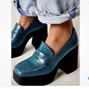 Free People Zoe Platform Loafers Shoe Leather Deep Jade Black Rubber 40NEW