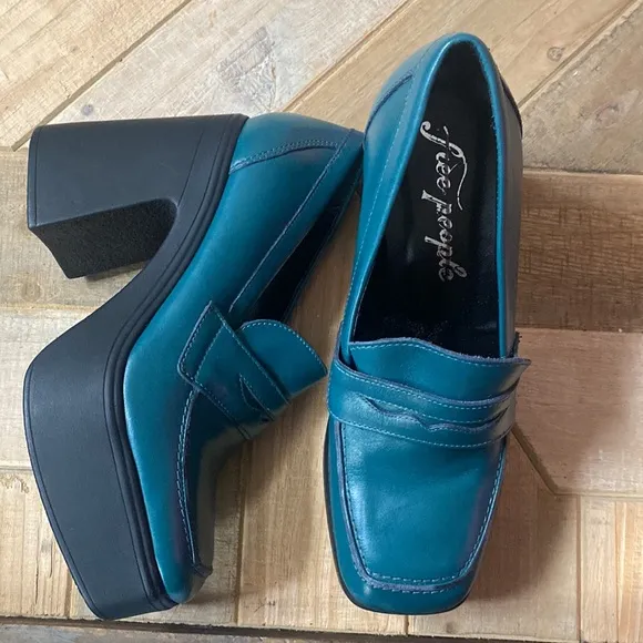 Free People Zoe Platform Loafers Shoe Leather Deep Jade Black