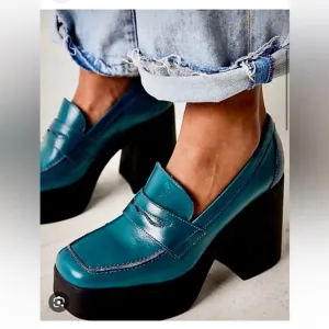 Free People Zoe Platform Loafers Shoe Leather Deep Jade Black