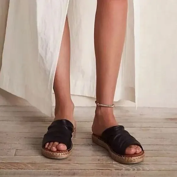 Free People Este Slip-On Sandals Black Leather Espadrilles EU 36 US 6