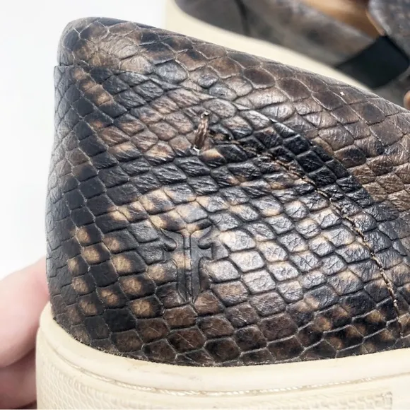 FRYE | Ivy Dark Brown Snakeskin Print Leather Slip On Sneakers Women’s Size 8