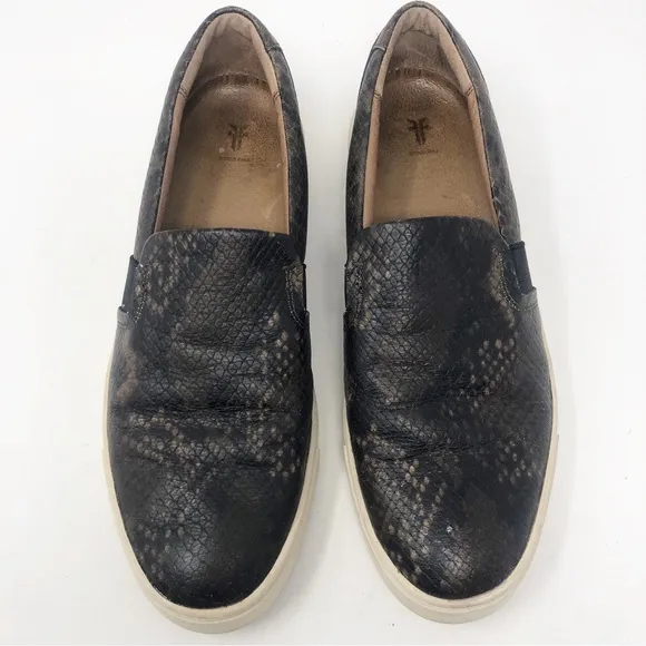 FRYE | Ivy Dark Brown Snakeskin Print Leather Slip On Sneakers Women’s Size 8