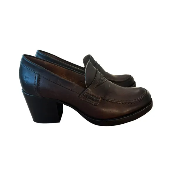 Frye Jean Heel Loafers Women Size 10 Brown chocolate Leather Block Heel