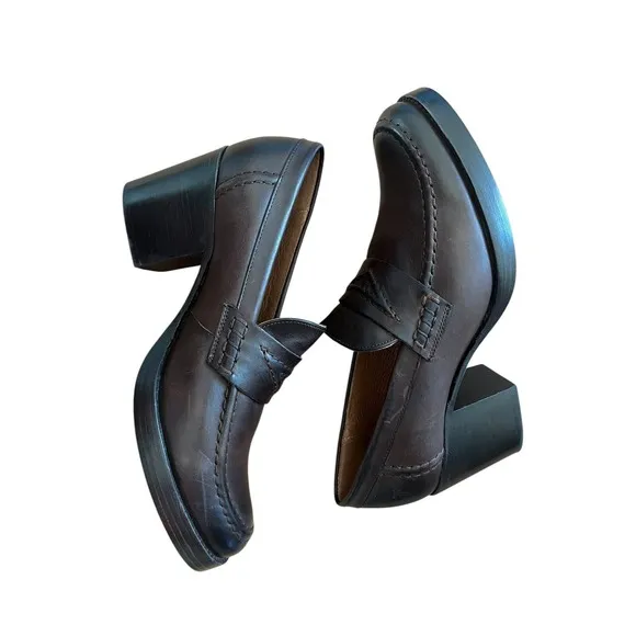 Frye Jean Heel Loafers Women Size 10 Brown chocolate Leather Block Heel