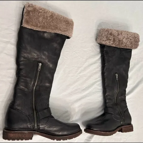 FRYE Valerie SHEARLING black Boots Women’s  8 B OTK Over-the-knee Fur Lined