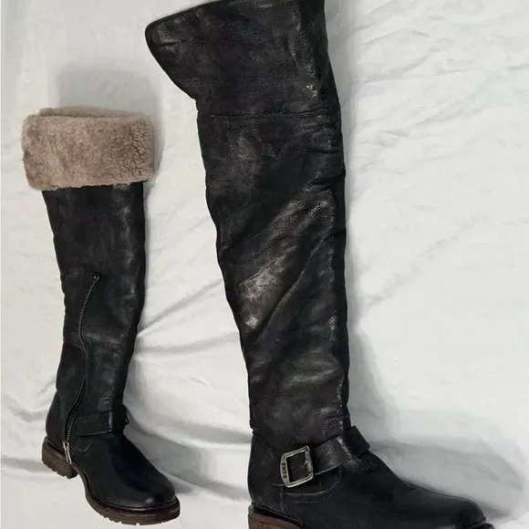 FRYE Valerie SHEARLING black Boots Women’s  8 B OTK Over-the-knee Fur Lined