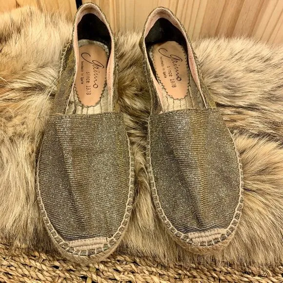Gaimo Gold Espadrille Jute Flats Sz 8.5 Handcrafted Sparkle Fairy Earthy Spain