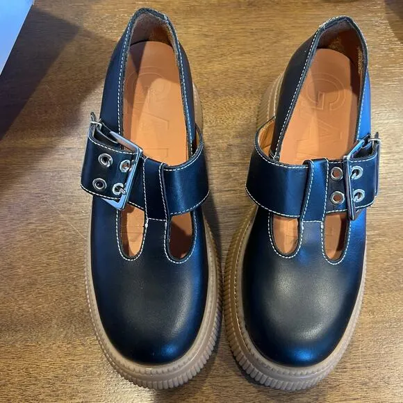 GANNI Creepers Black leather Platform loafers T-strap EU 39