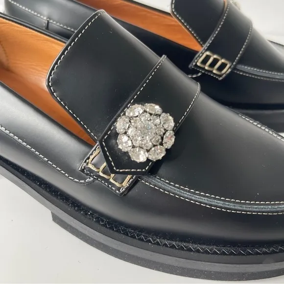Ganni Leather Jeweled Loafers Black Size 37 NWOT