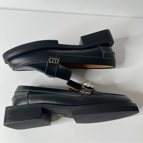 Ganni Leather Jeweled Loafers Black Size 37 NWOT